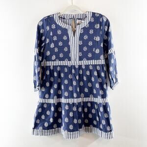 Vineyard Vines Fleur De Leaf 3/4 Sleeve Cotton Tunic Mini Dress Blue Large